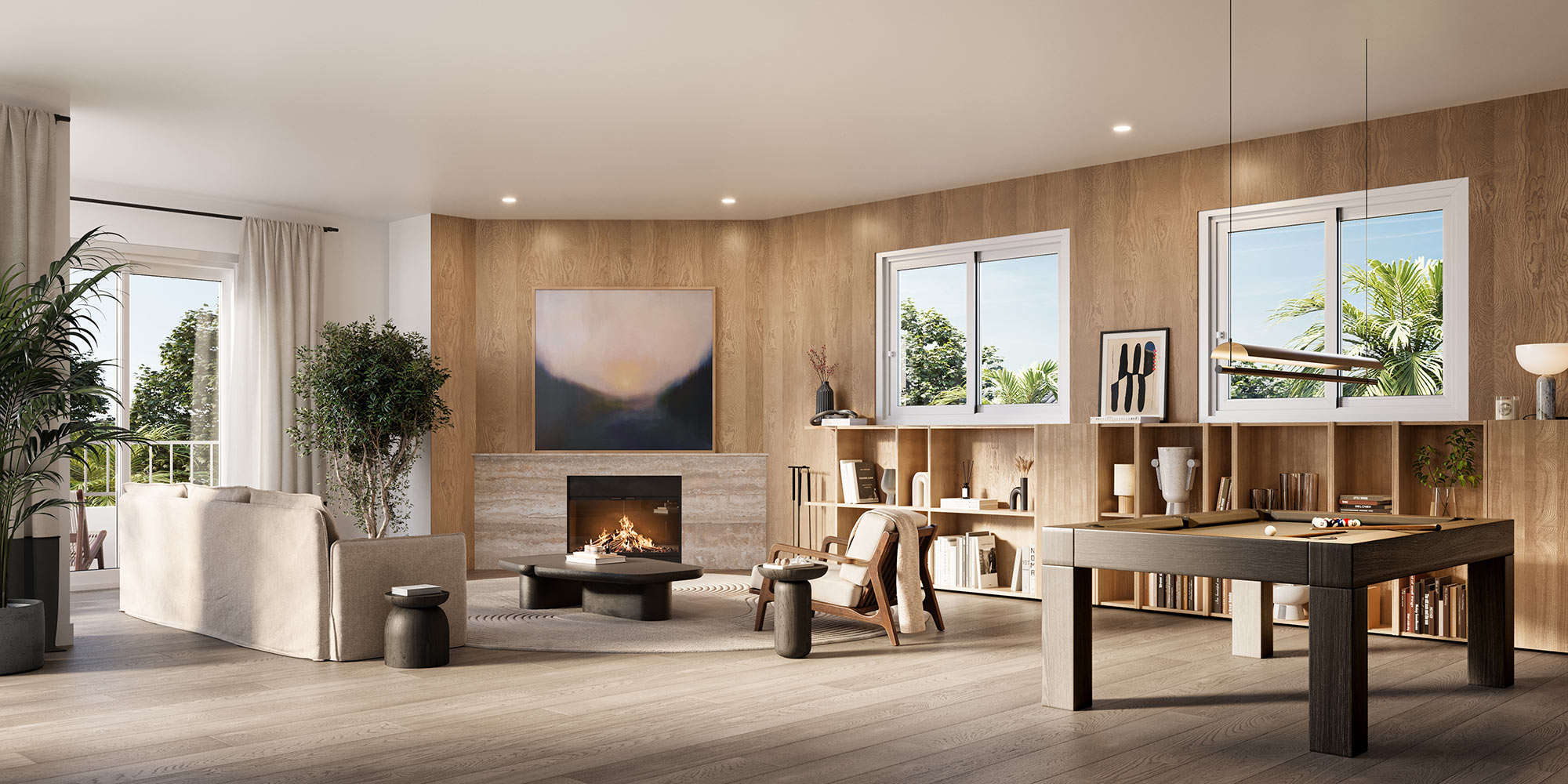 Modern living space by Steven G. features warm wood tones and neutral beiges in contemporary luxury design.