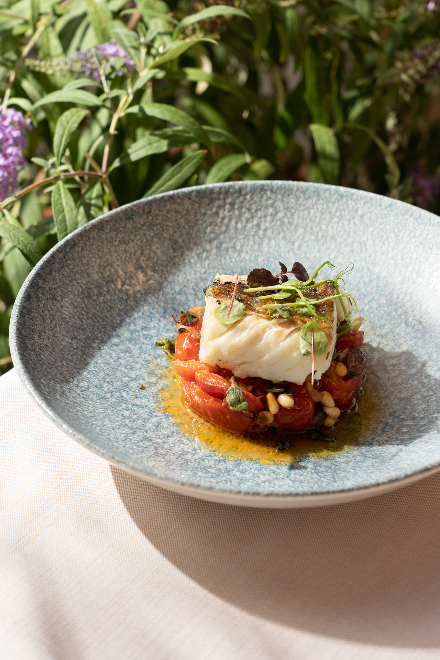 An elegant fine dining dish featuring a piece of fresh fish with colorful vegetables in a light sauce