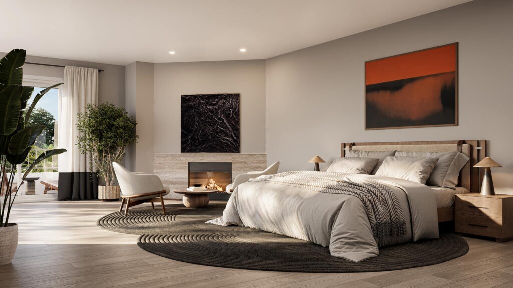 Bedroom featuring contemporary bed frame, modern artwork, wall-to-wall glass, sleek elegance