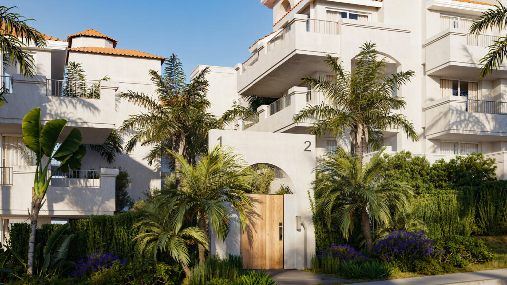 Privé Malibu luxury residences with Mediterranean architecture, terracotta roofs, palm trees, and tropical landscaping.