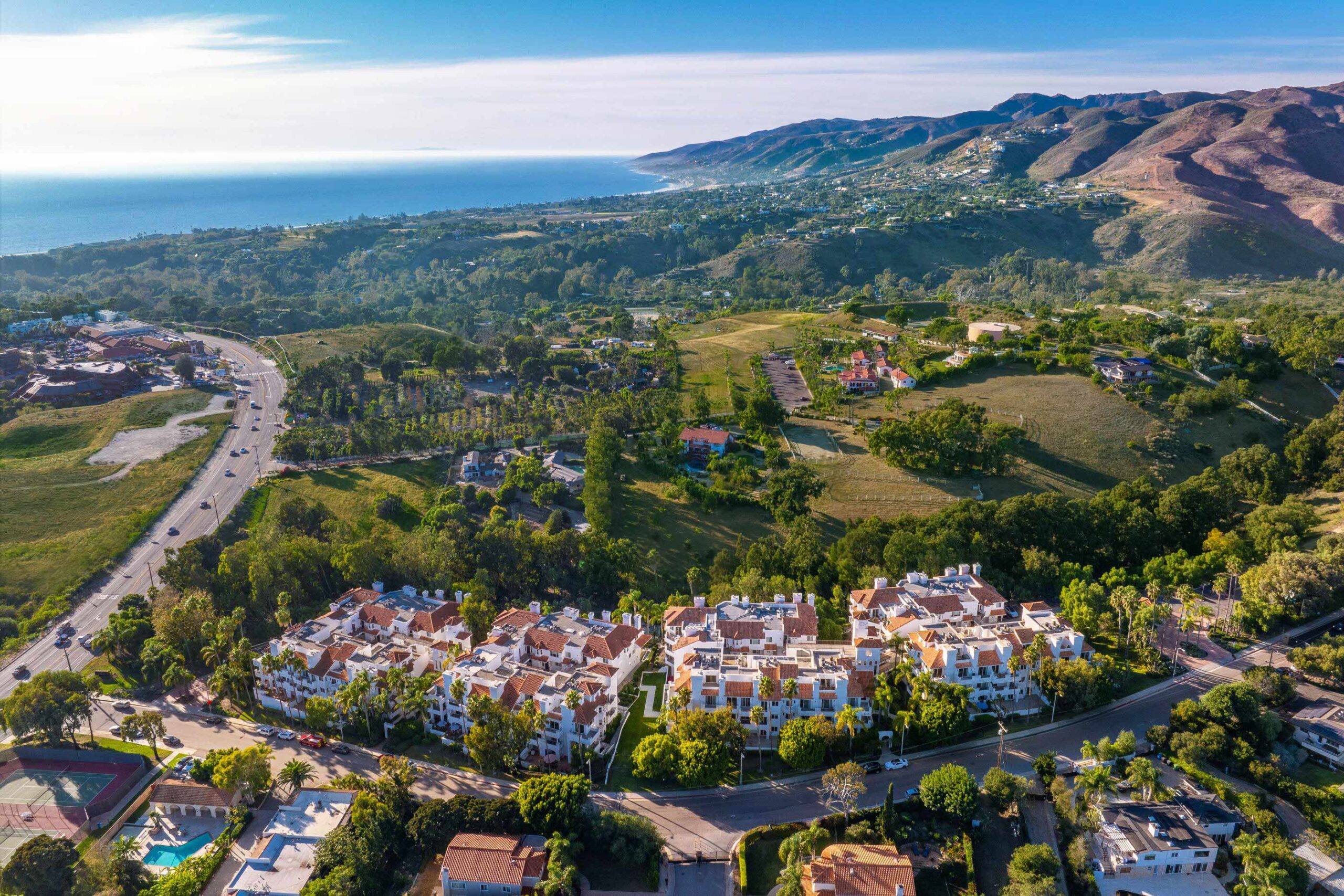 Aerial view showcasing Prive, a premier luxury community nestled in the coveted hills of Malibu.